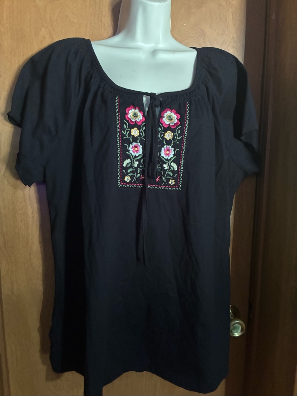 Black Embroidered Peasant Top with Pink Floral Accents